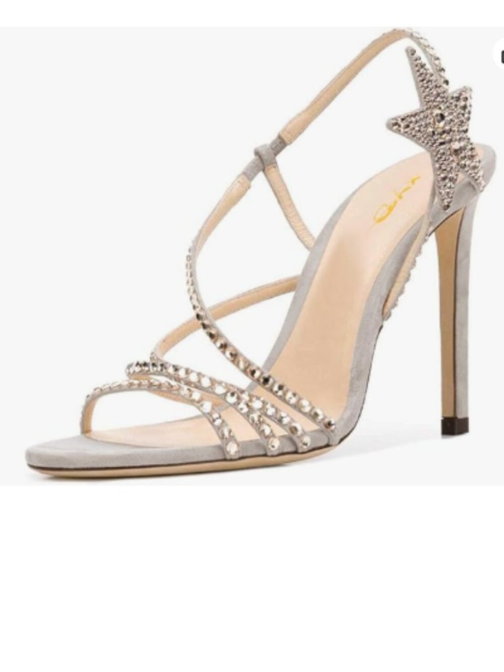 XYD Grey Rhinestones Open Toe Strappy High Heel Sandals Side Star Slip On Shoes